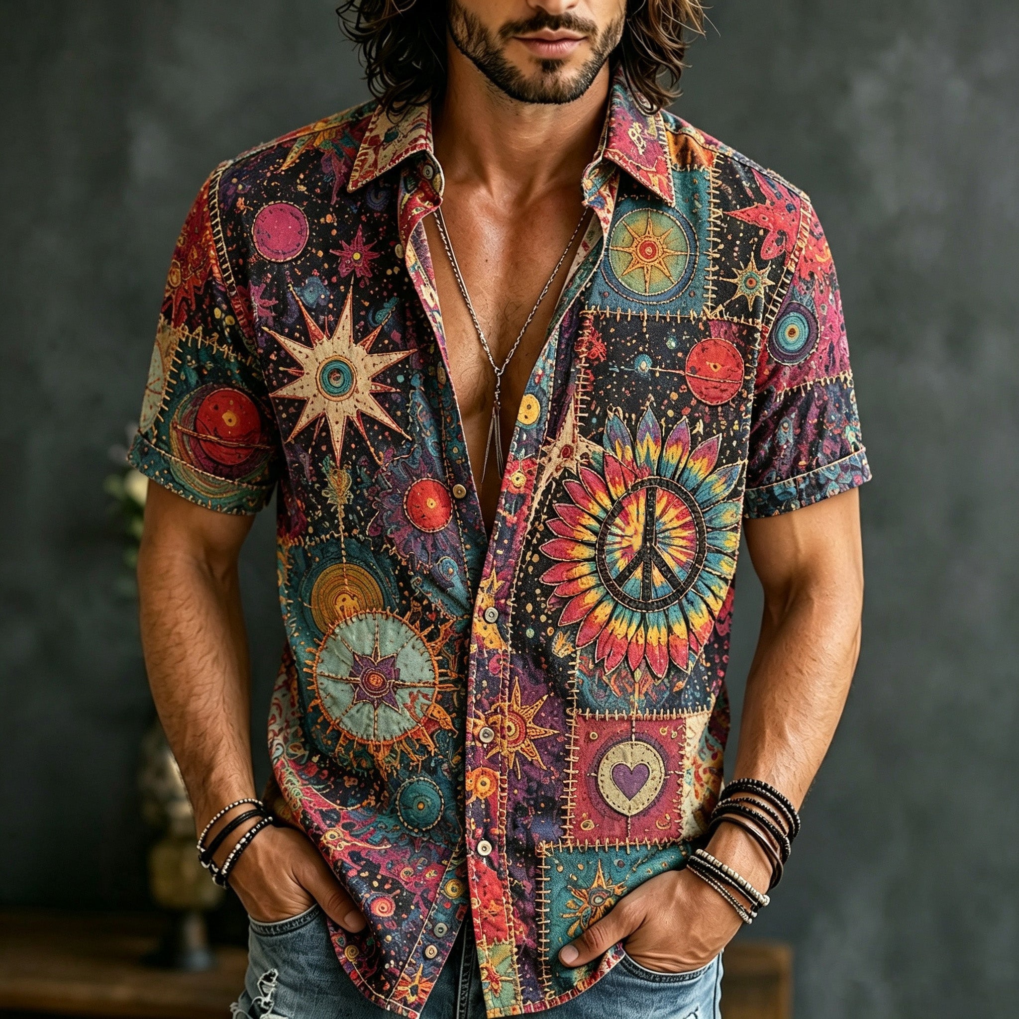 Men's Retro Bohemian Hippie Style Floral Print Cotton Linen Short-sleeve Shirt