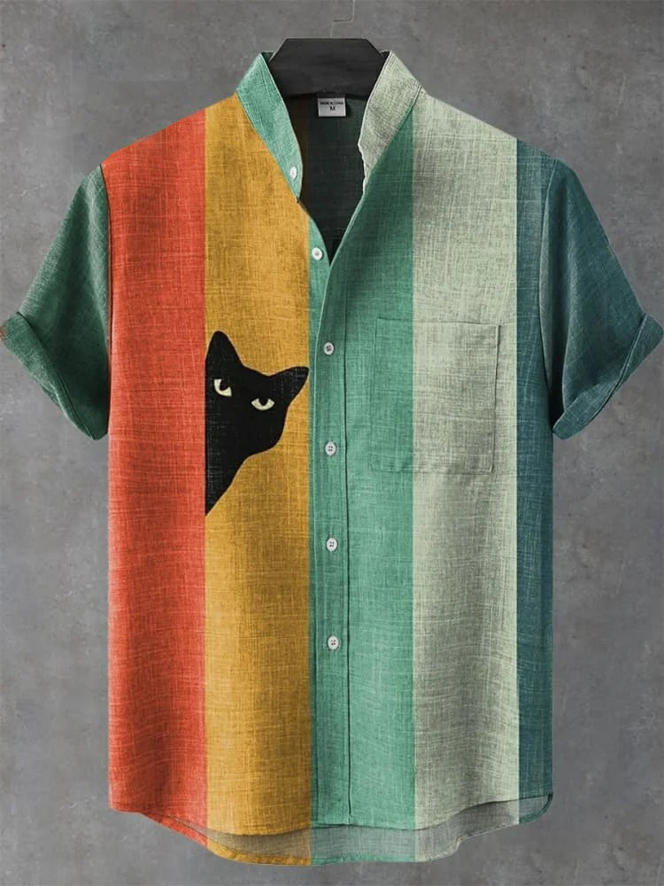 Men's Vintage Black Cat Contrast Stripes Art Short Sleeve Shirt