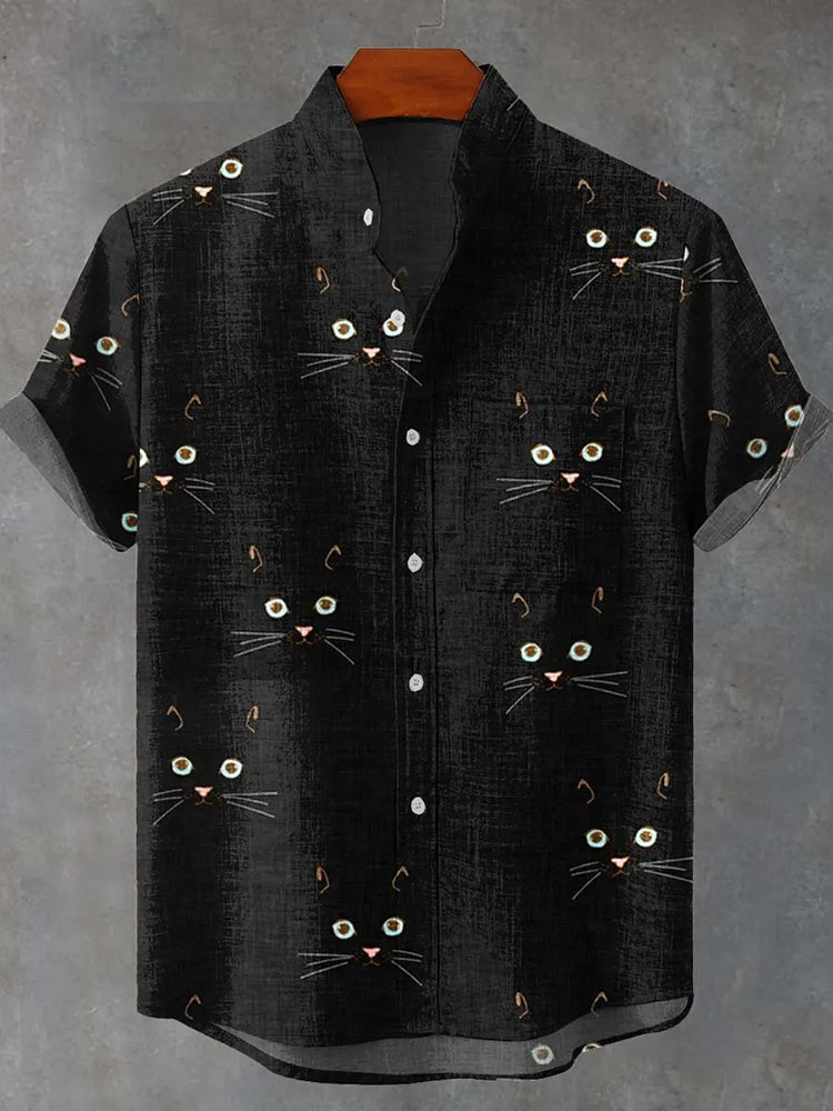 Men's Retro Cat Print Casual Linen Blend Short-sleeve Shirt