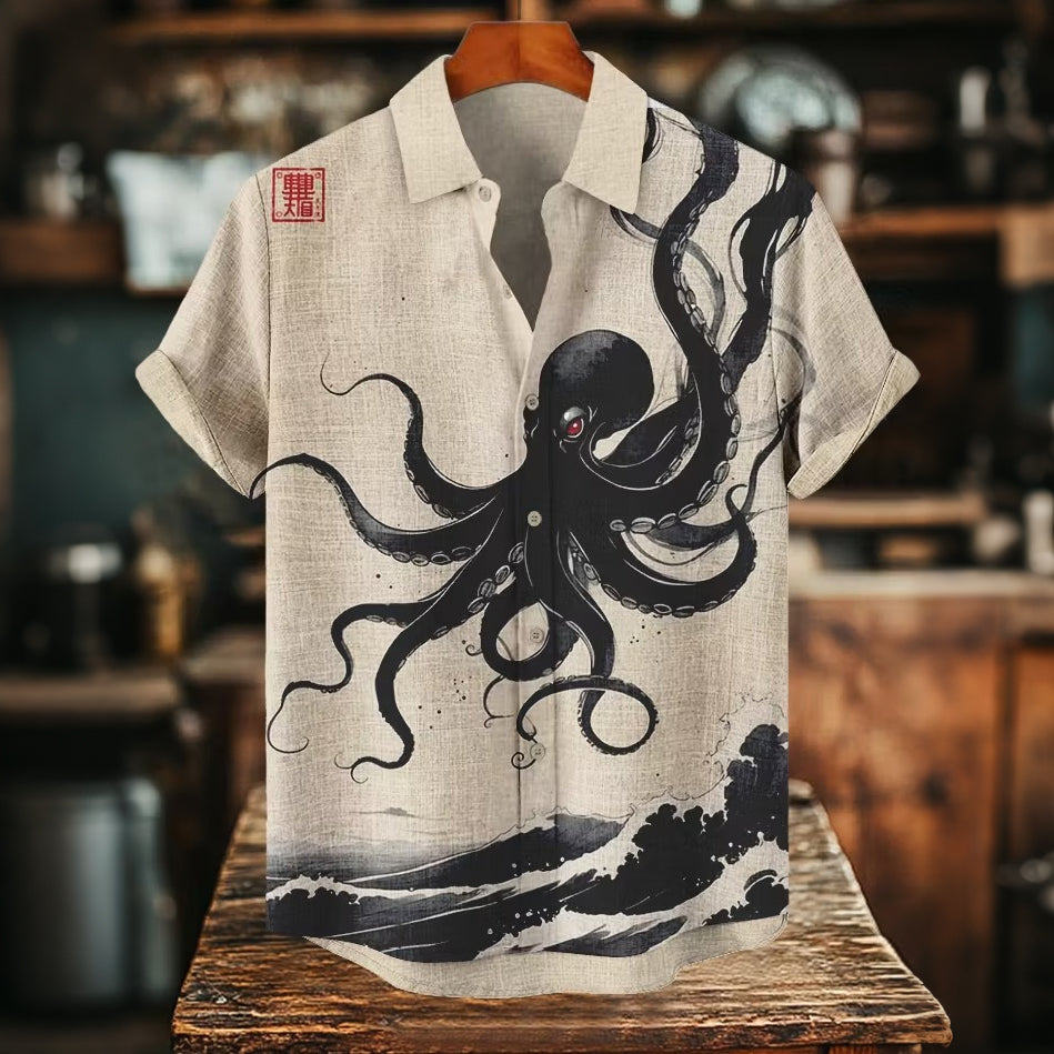 Men's Black Octopus Waves Japanese Art Print Casual Shirt