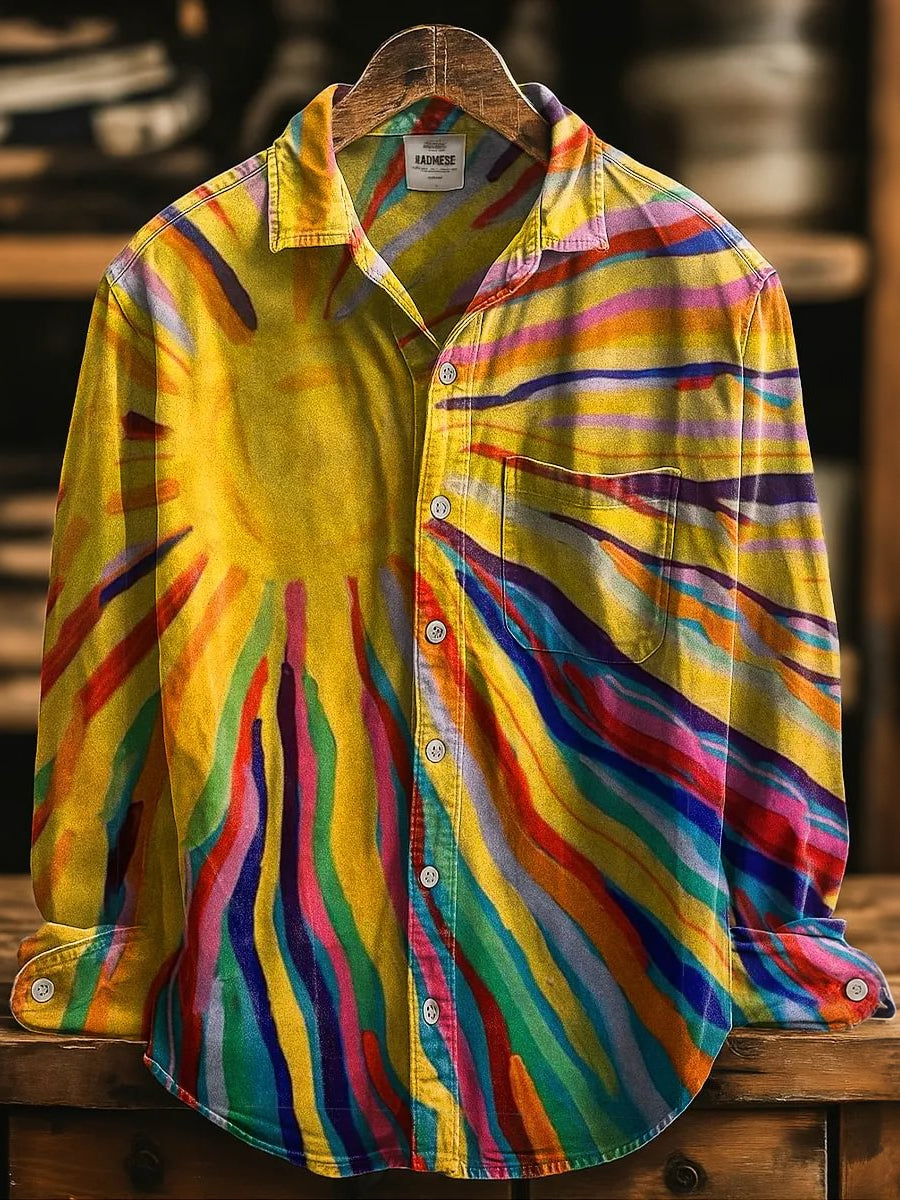 Men's Retro Vacation Sun Multicolor Print Lapel Long-sleeve Cotton Linen Shirt