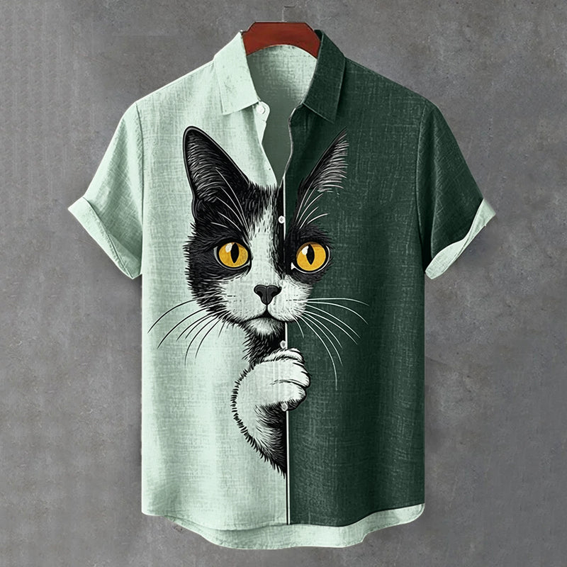 Men's  The Peeping Cat Colorblock Art Casual Short Sleeve Shirts