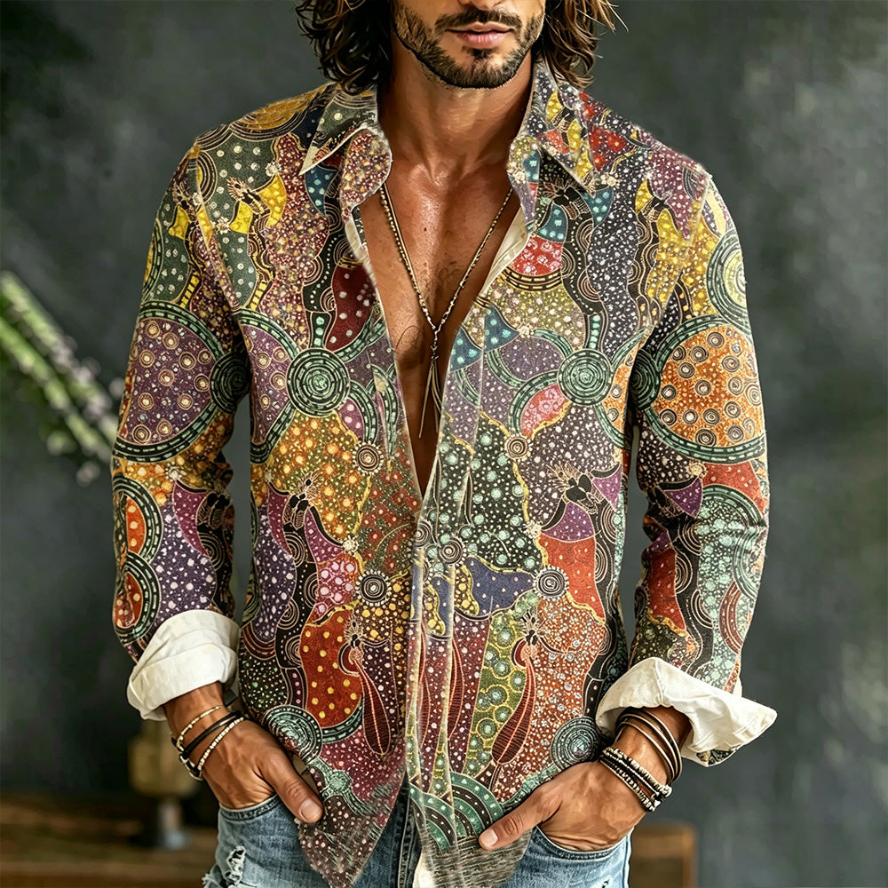 Hippie Vintage Geometric Floral Art Patchwork Print Long Sleeve Shirt