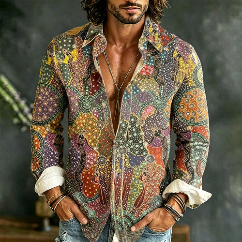 Hippie Vintage Geometric Floral Art Patchwork Print Long Sleeve Shirt