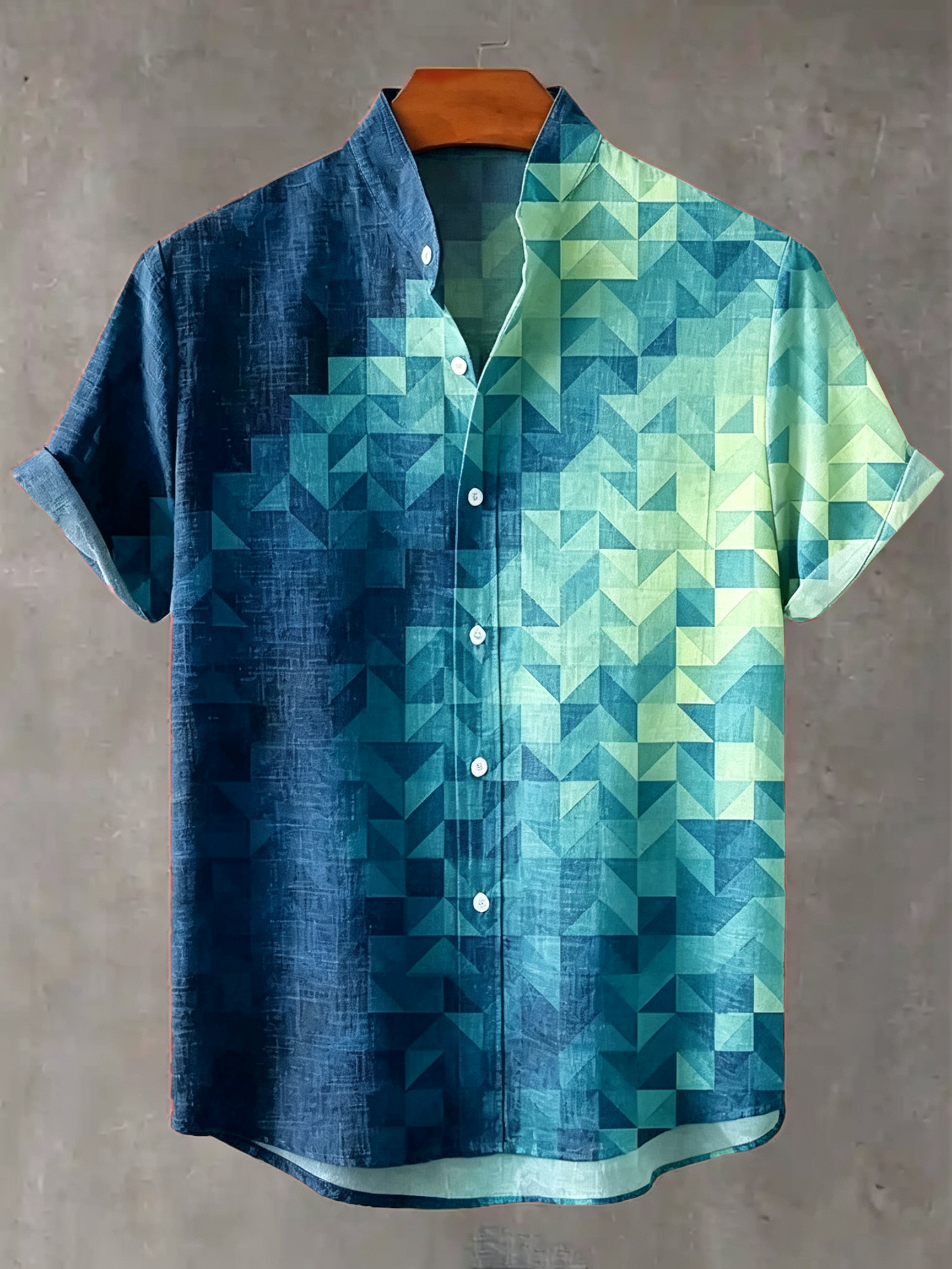 Men's Vintage Green Geometric Gradient Print Linen Blend Short-sleeve Shirt