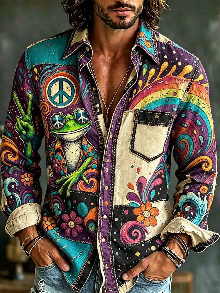 Men's Hippie Retro Psychedelic Rainbow Swirl Floral Patchwork Peace Frog Long Sleeve Button Down Shirt