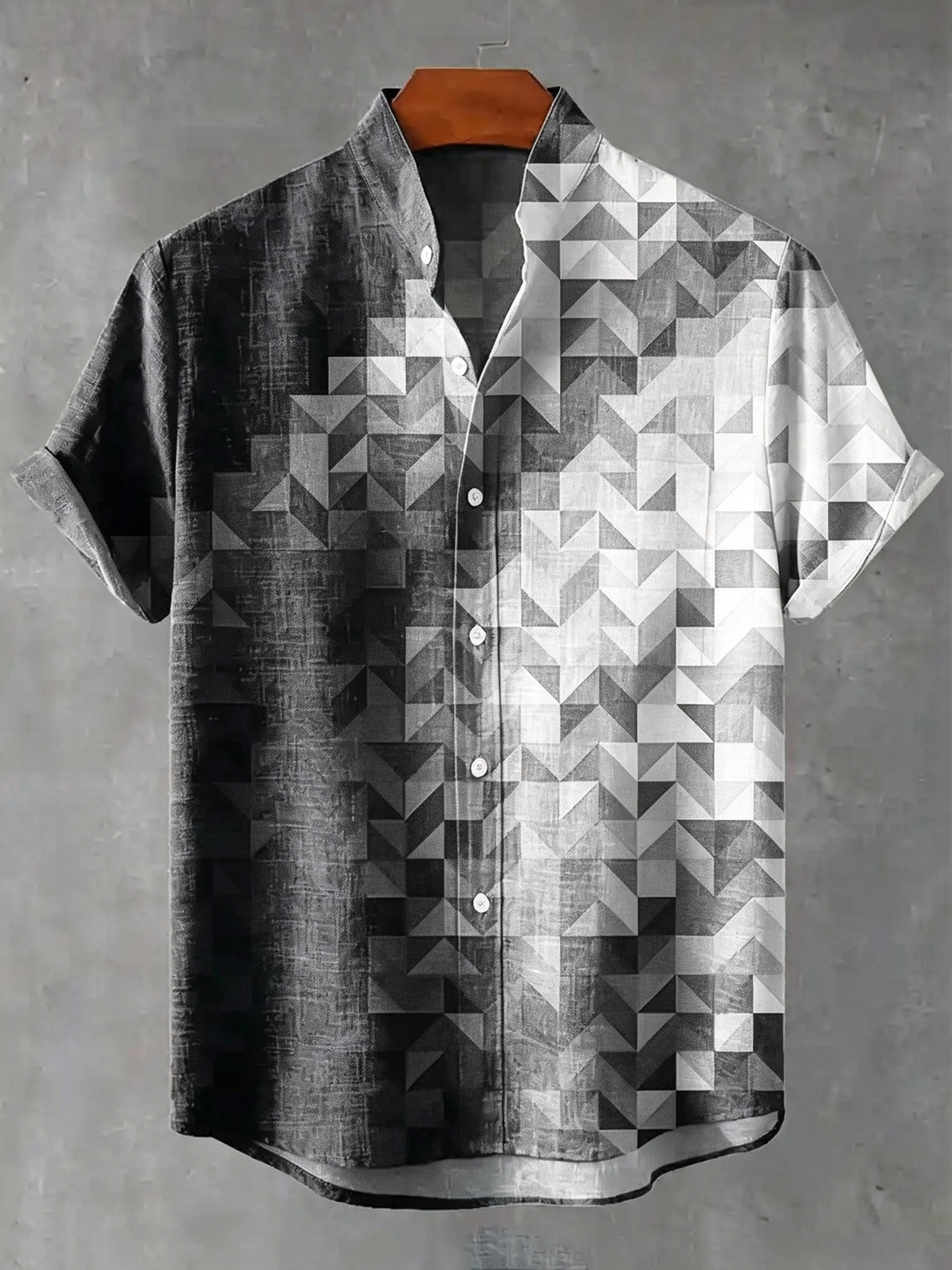 Men's Vintage Green Geometric Gradient Print Linen Blend Short-sleeve Shirt