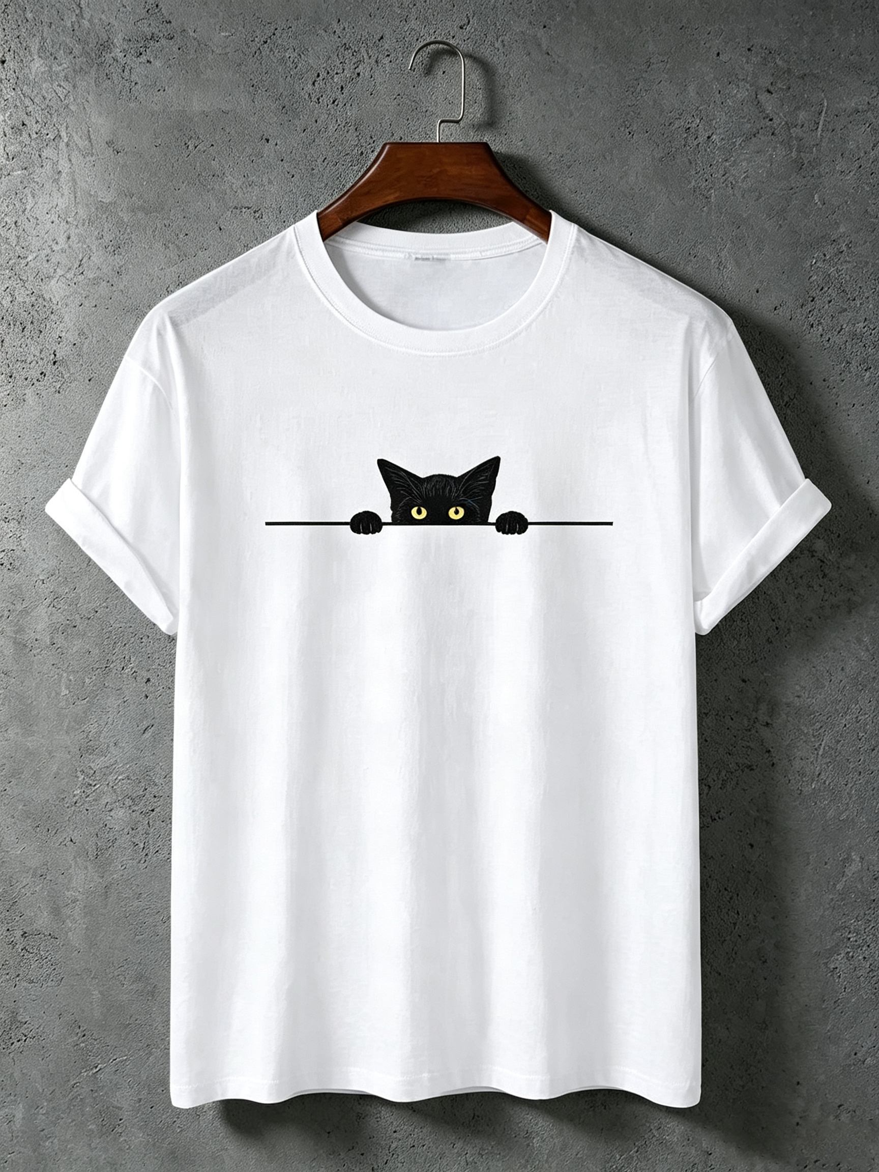 Men's Black Cat Art Print Crew Neck Short Sleeve T-shirt