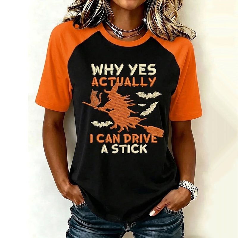 Women's Retro Halloween Theme Pattern I Can Drive A Stick Print Short-sleeve T-shirt