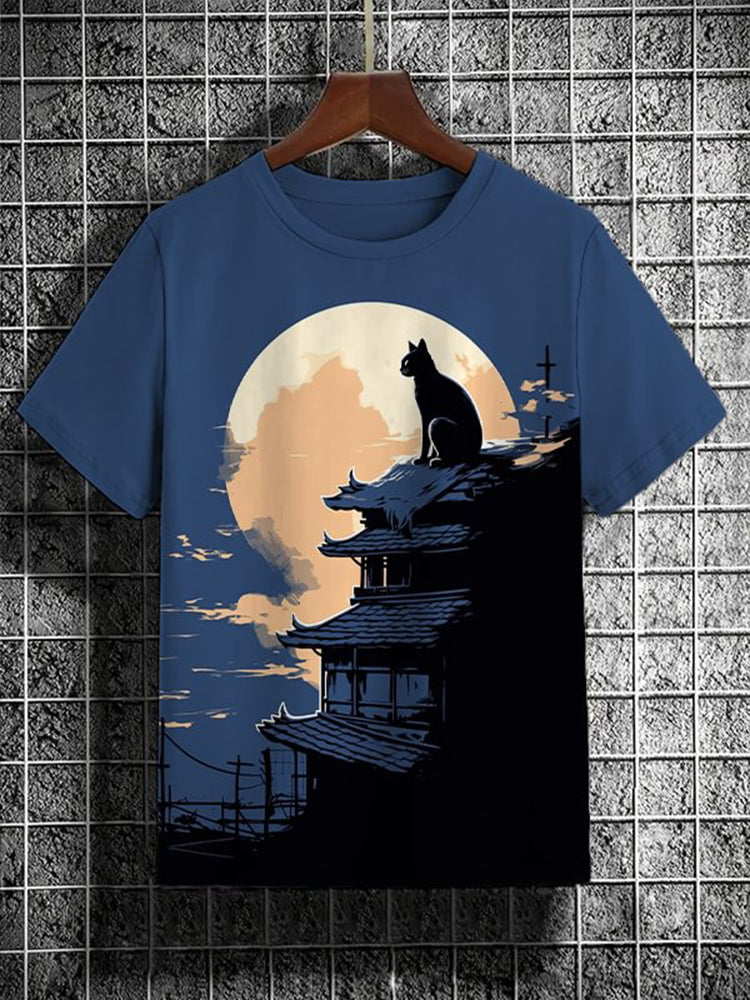 Men's Full Moon Roof Black Cat Japanese Art Print T-Shirt