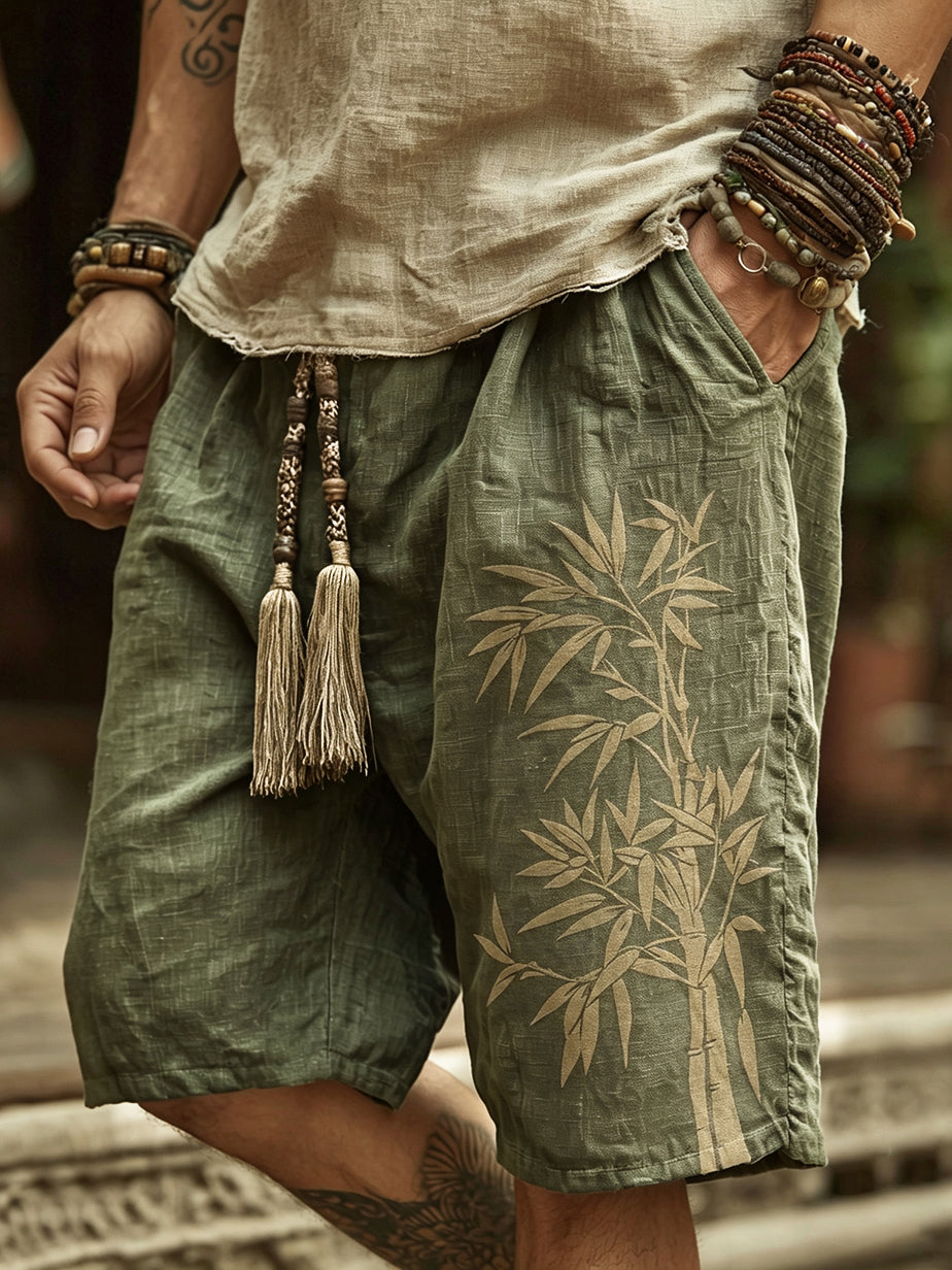 Japanese Bamboo Art Print Linen Blend Casual Shorts