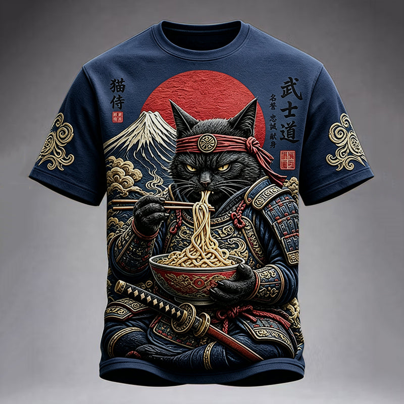 Men's Black Cat Samurai Eats Ramen Print Casual T-shirt