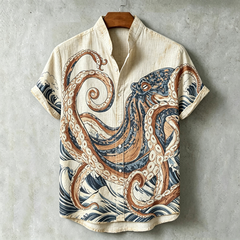 Men's Retro Japanese Art Octopus Print Cotton Linen Short-sleeve Shirt