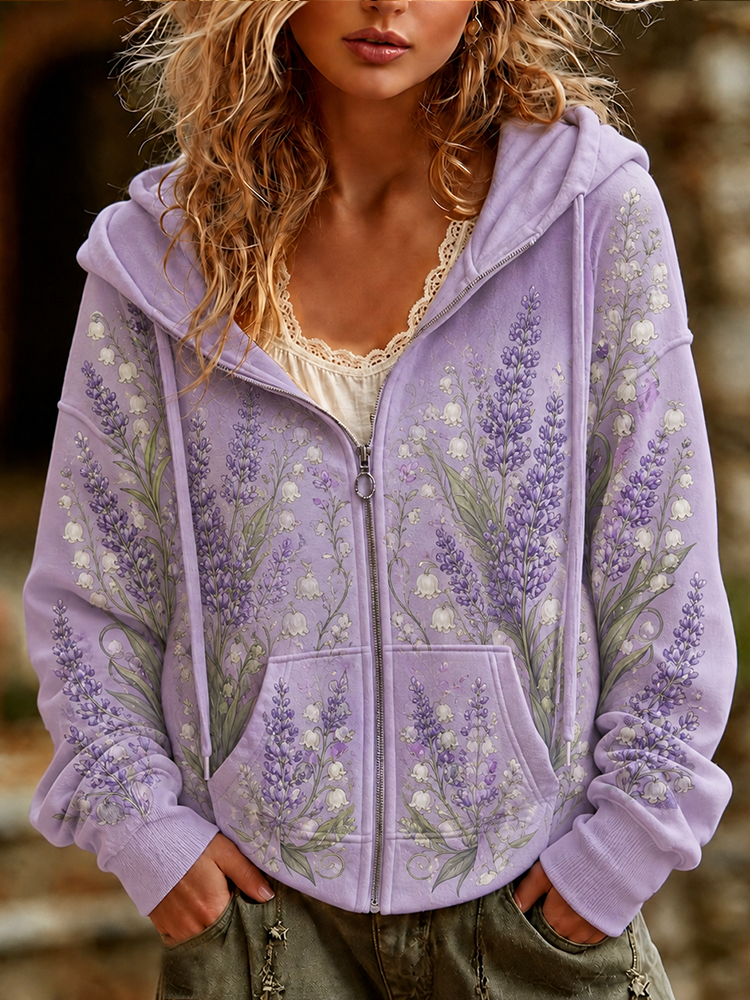 Women's Full-zip Hoodie Sweatshirt With Lavender And Lily Of The Valley Floral Print