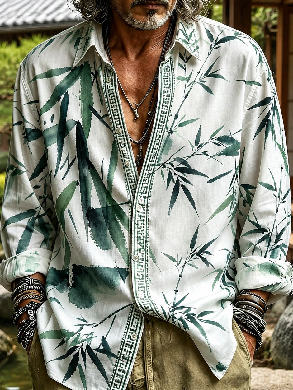 Men's Retro Japanese Bamboo Print Cotton Linen Shirt