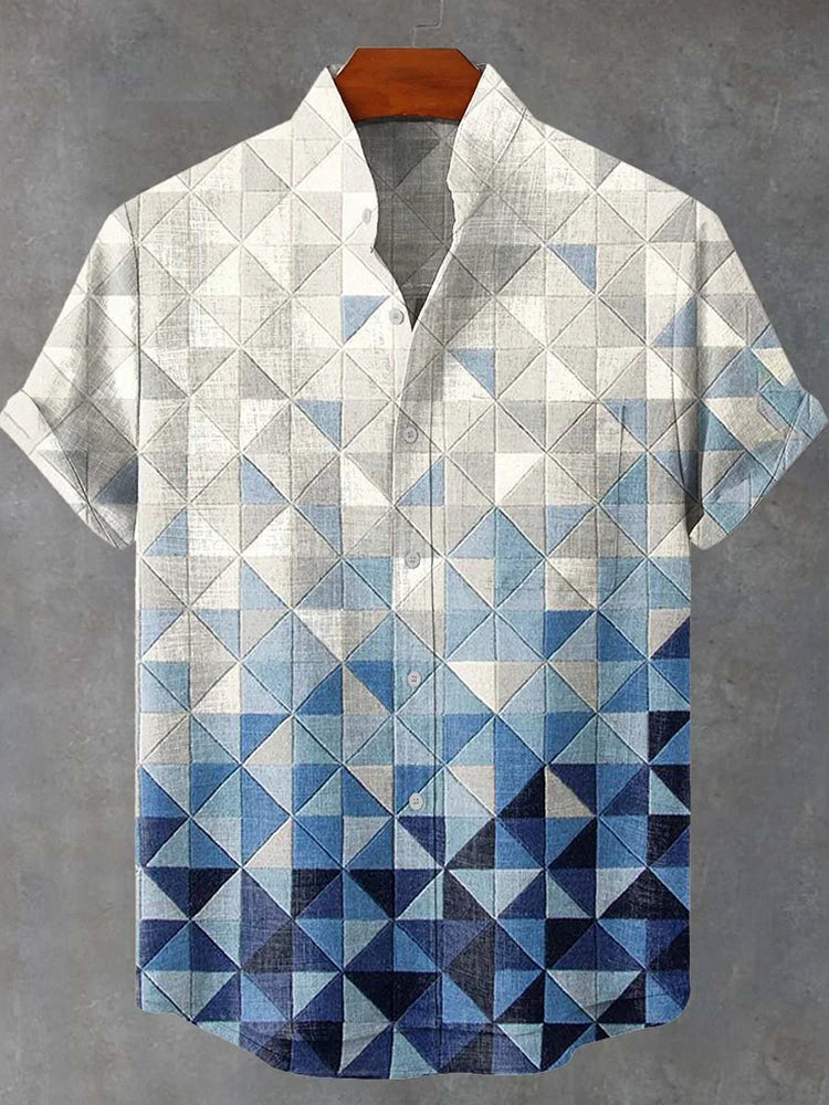 Vintage Blue Gradient Geometric Grid Print Casual Cotton Shirt