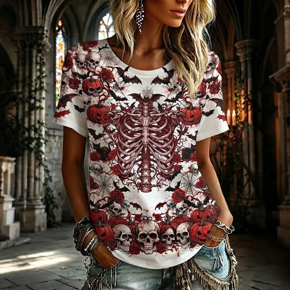 Women's Gothic Skeleton Ribcage, Pumpkin And Skull Print Short Sleeve T-shirt