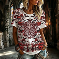 Women's Gothic Skeleton Ribcage, Pumpkin And Skull Print Short Sleeve T-shirt