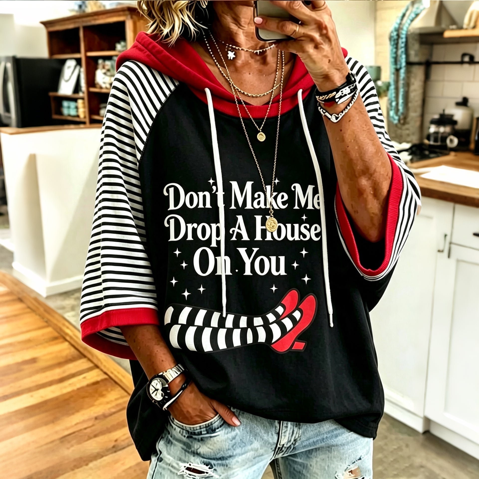 Women's Retro Halloween Striped Print Casual Hoodie