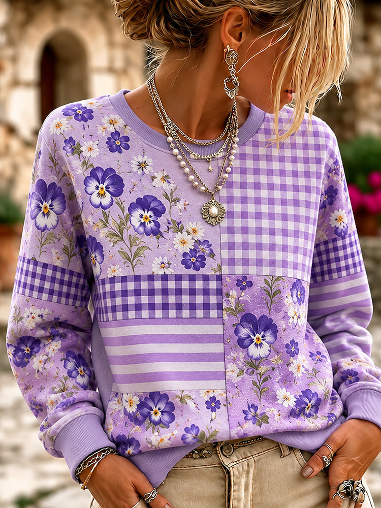 Women's Retro Floral And Plaid Patchwork Art Print Crew Neck Sweatshirt