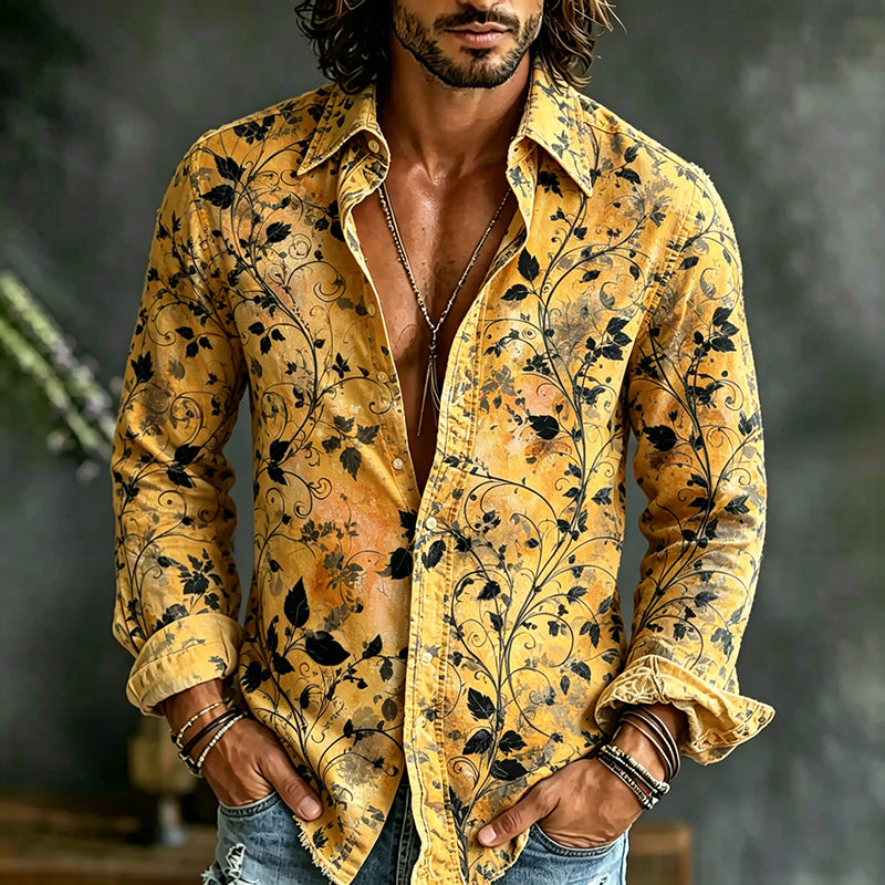 Men's Retro Floral Art Print Cotton Linen Casual Shirt