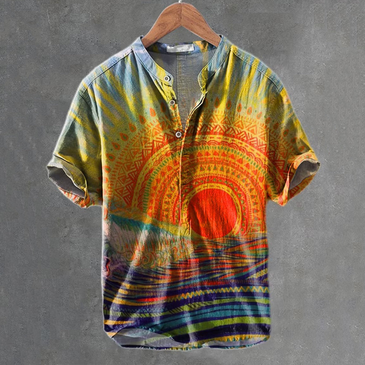 Men's Retro Hippie Sun And Rainbow Patterns Prints Linen Blend Short-sleeve Shirt