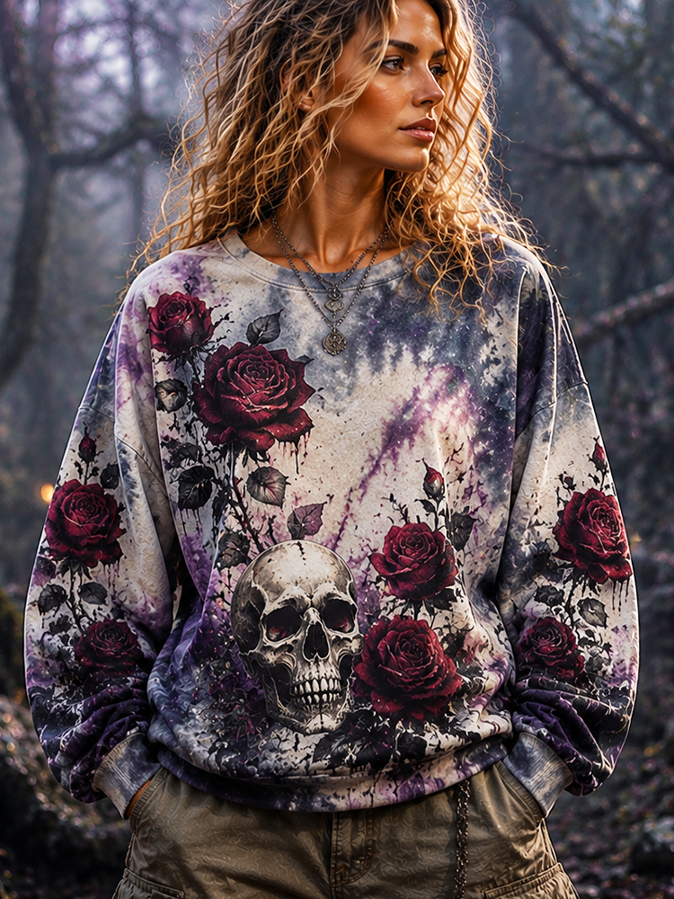 Women's Crewneck Sweatshirt With Gothic Skull And Dark Red Rose Print