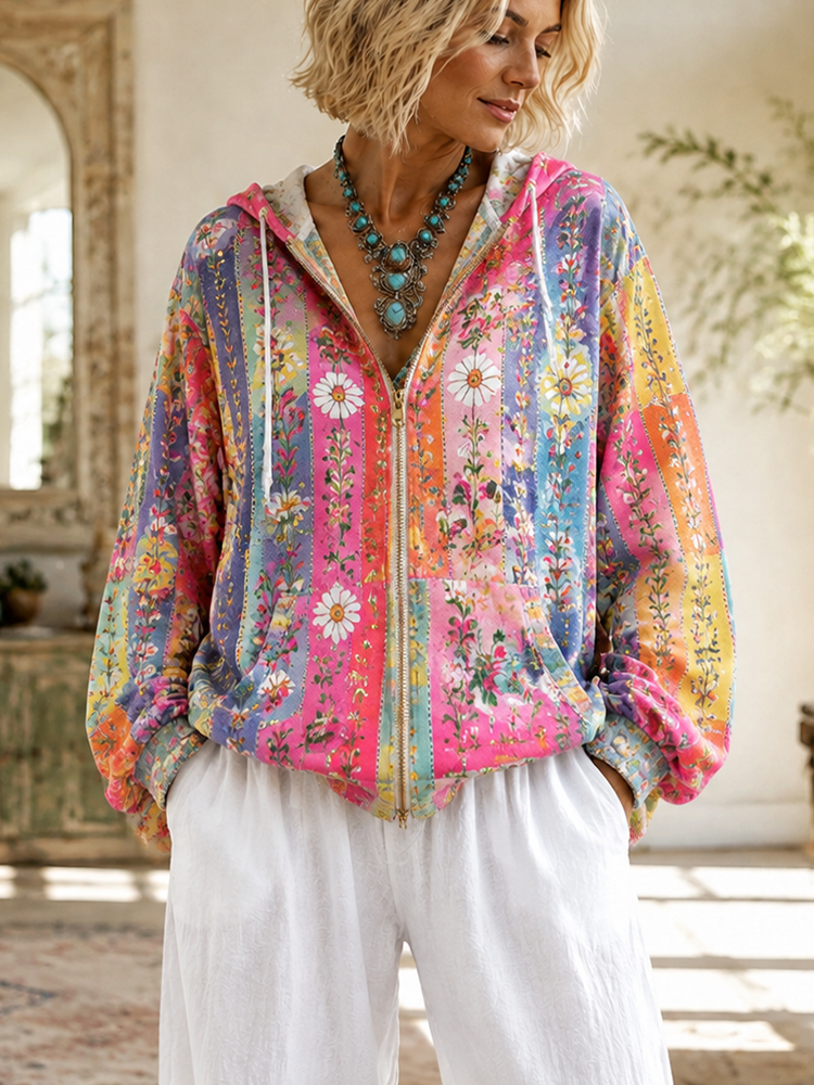 Women's Vertical-stripe Full-zip Hoodie With Daisy And Floral Print And Drawstring