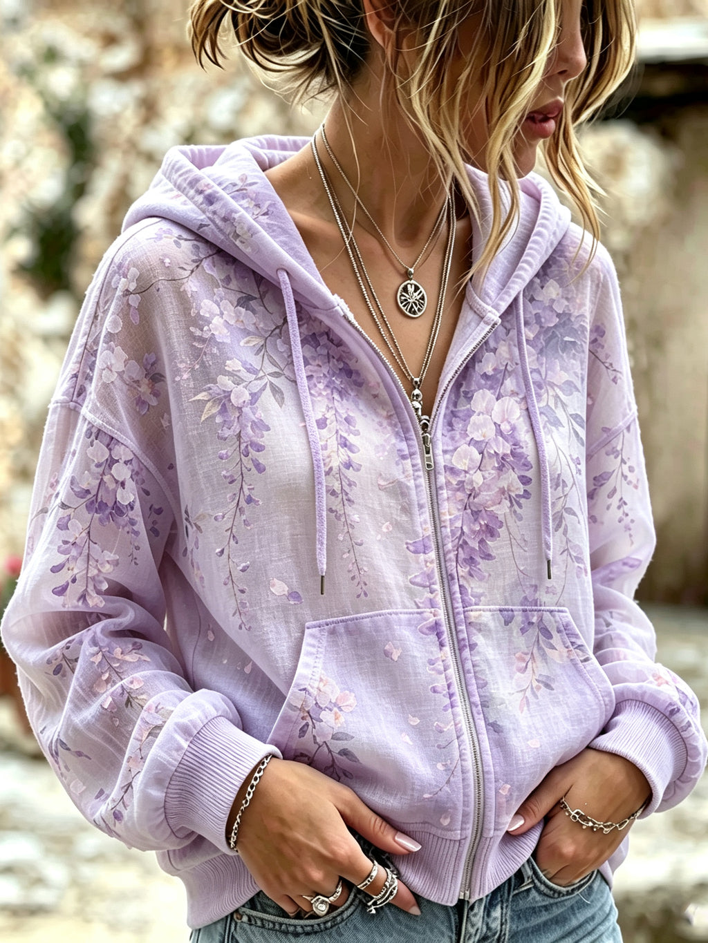 Women's Vintage Wisteria Flowers Art Art Flowy Linen Blend Hooded Zipper Tops