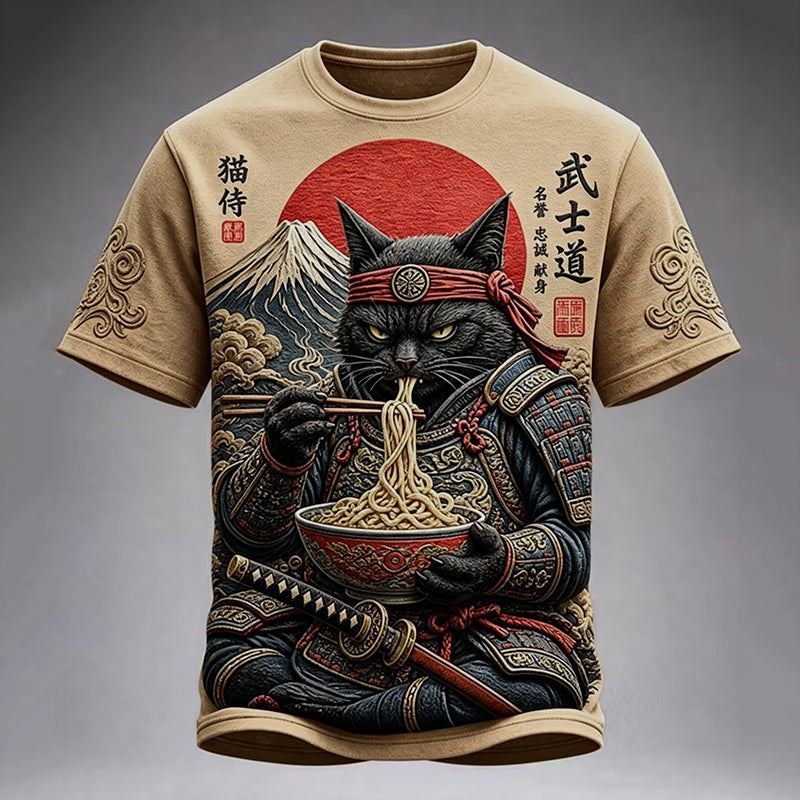 Men's Black Cat Samurai Eats Ramen Print Casual T-shirt