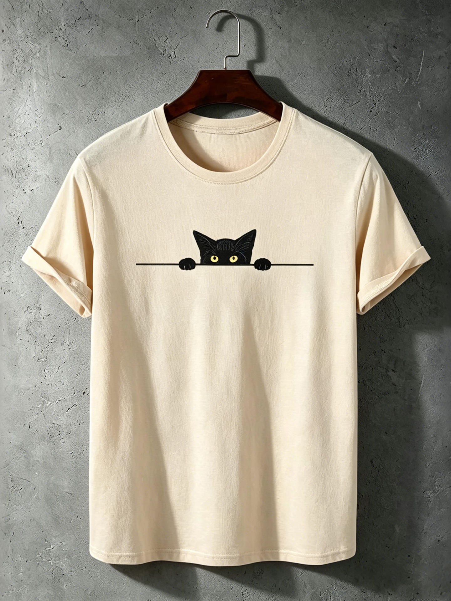 Men's Black Cat Art Print Crew Neck Short Sleeve T-shirt
