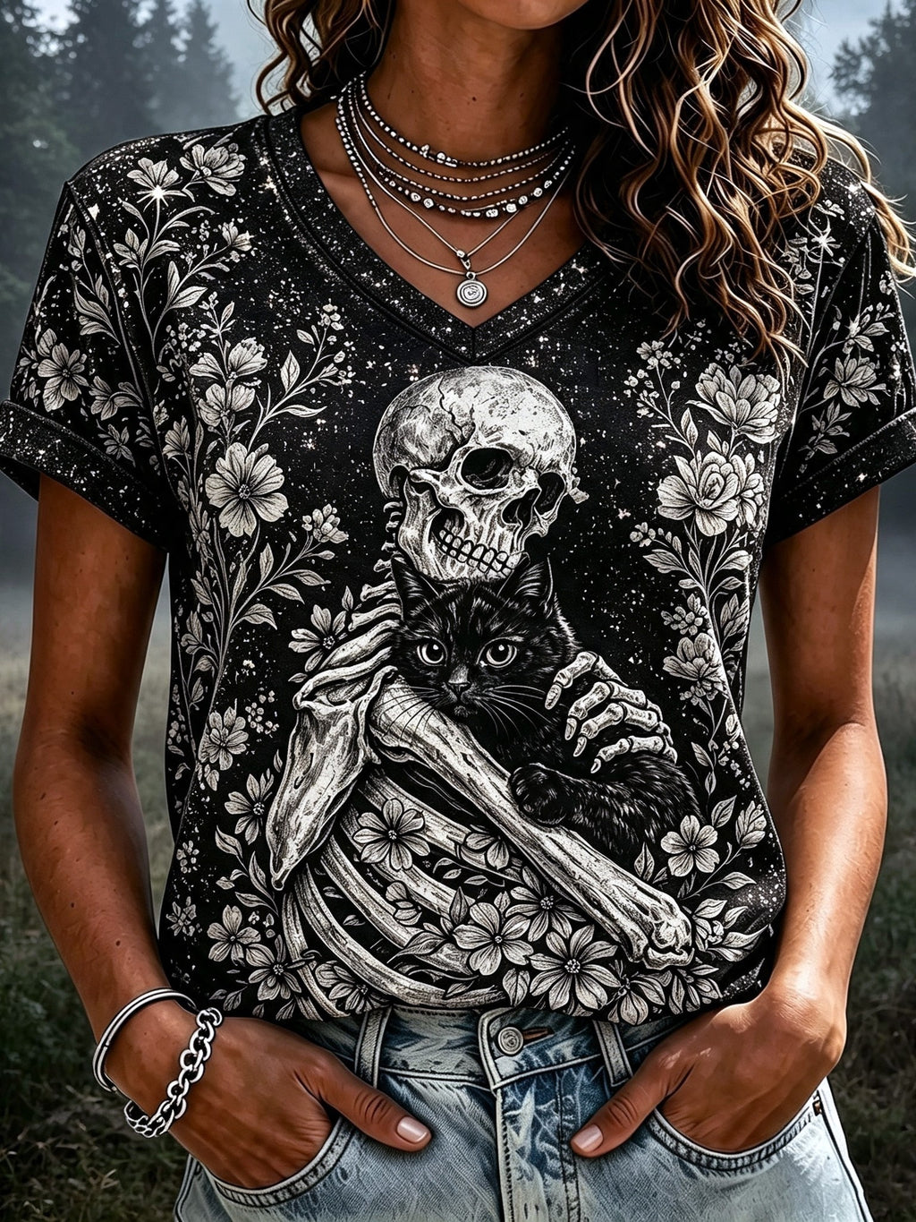 Women's Retro Bohemian Halloween Skull And Cat Print T-shirt