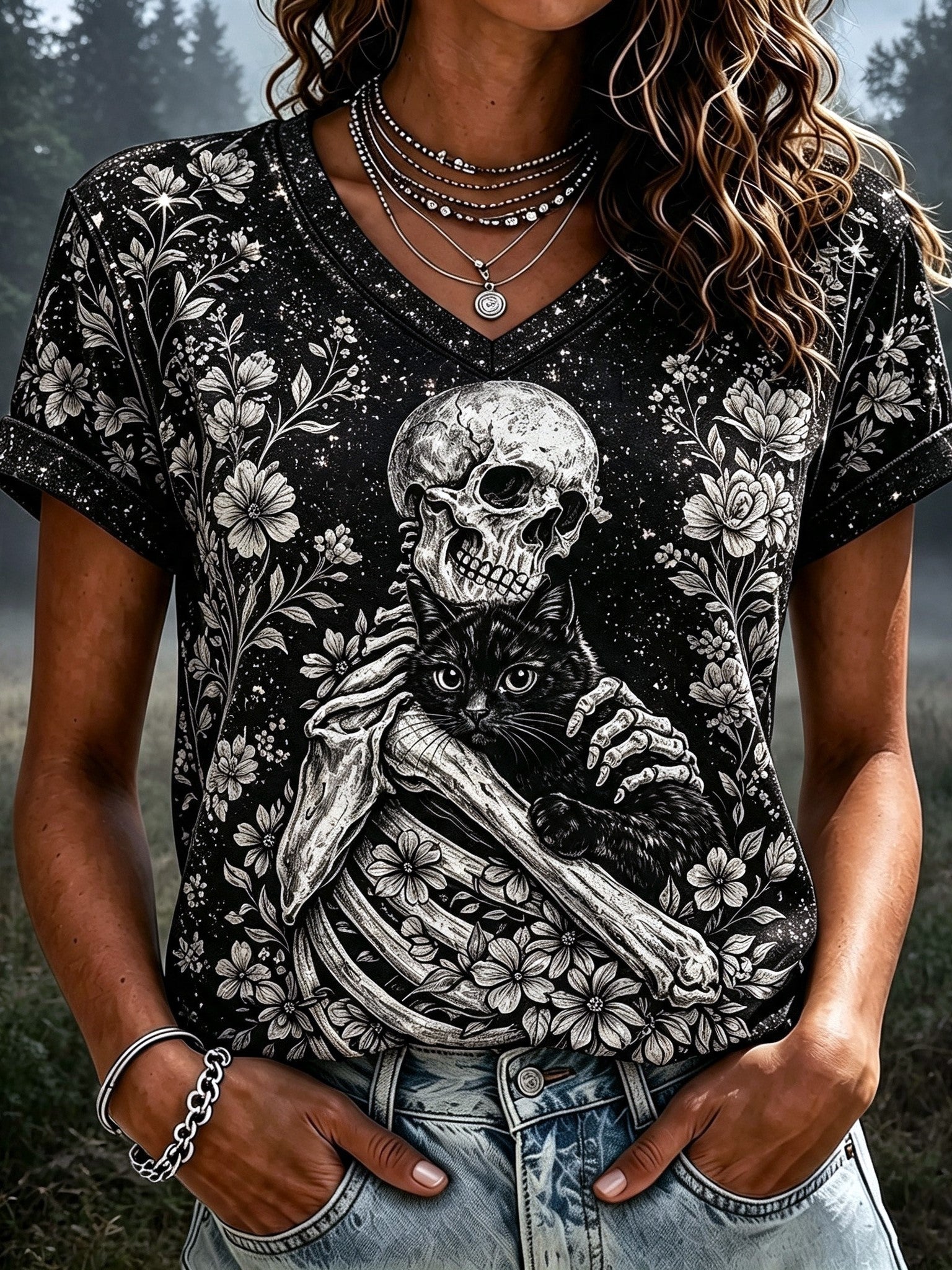 Women's Retro Bohemian Halloween Skull And Cat Print T-shirt