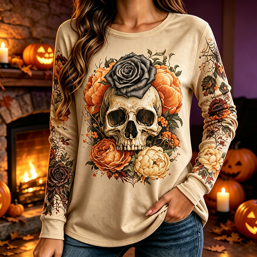 Women's Long-sleeve Crewneck Sweatshirt With Floral Skull And Vintage Rose Print