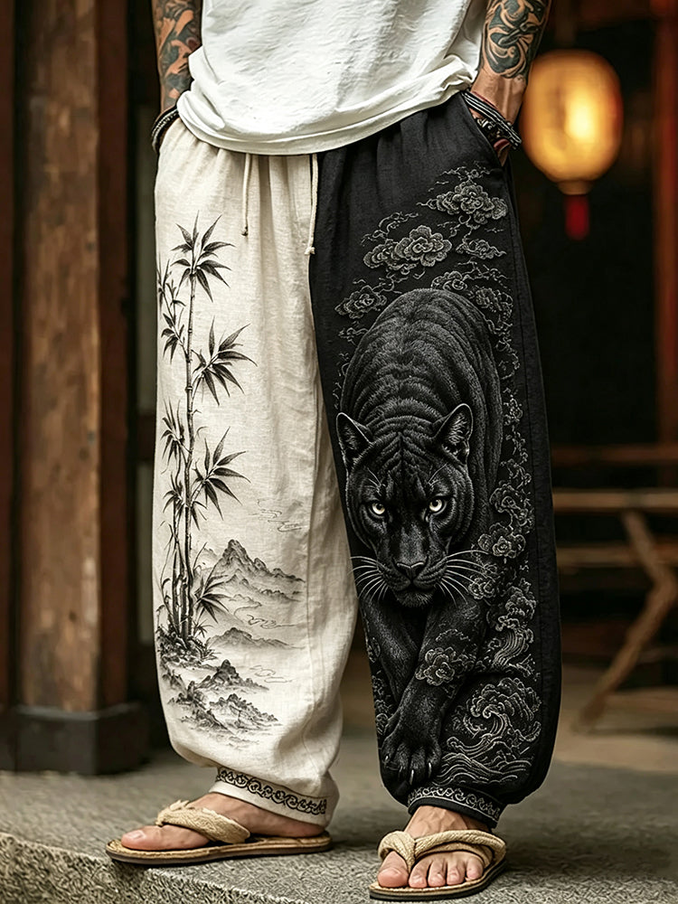 Men's Retro Landscape Painting And Black Panther Art Pattern Linen Casual Pants