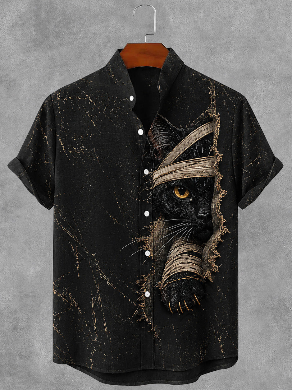 Men's Gothic Bandage Black Cat Art Short Sleeve Linen Shirt