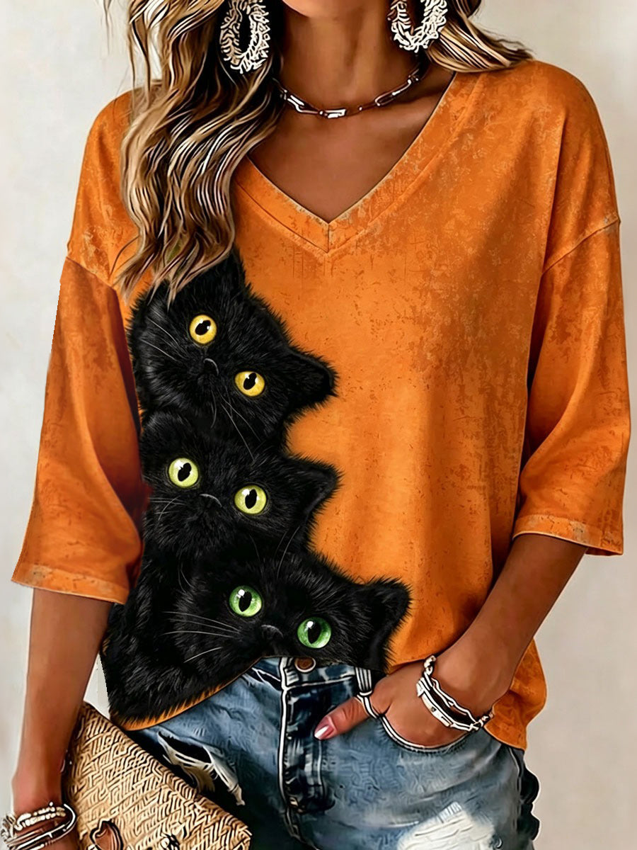 Women’s Realistic 3d Clinging Fluffyblack Cat Print Three-quarter Sleeve T-shirt