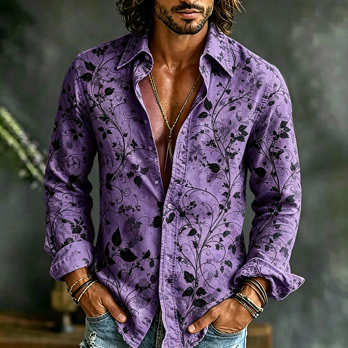 Men's Retro Floral Art Print Cotton Linen Casual Shirt