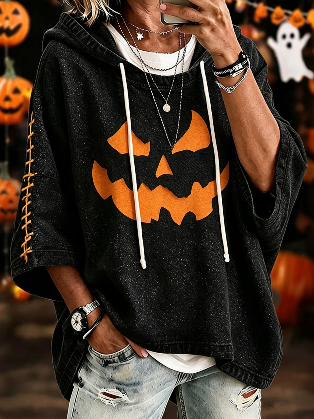 Women's Retro Halloween Pumpkin Smiley Face Print Casual Hoodie