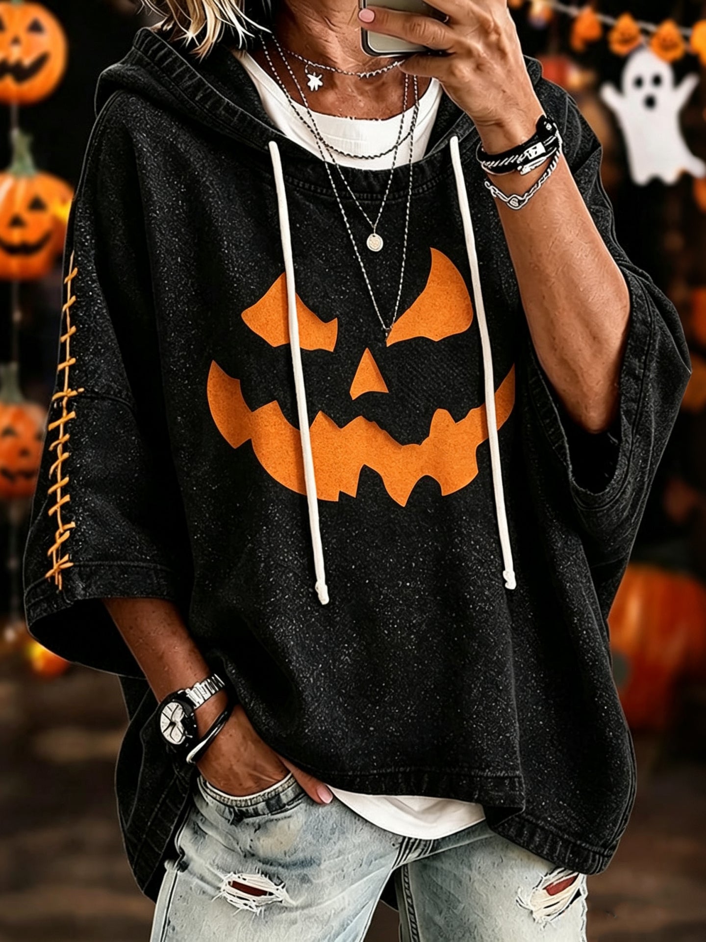 Women's Retro Halloween Pumpkin Smiley Face Print Casual Hoodie