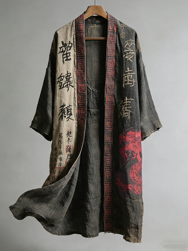 Men's Japanese Dragon Pattern Calligraphy And Painting Art Linen Long Kimono