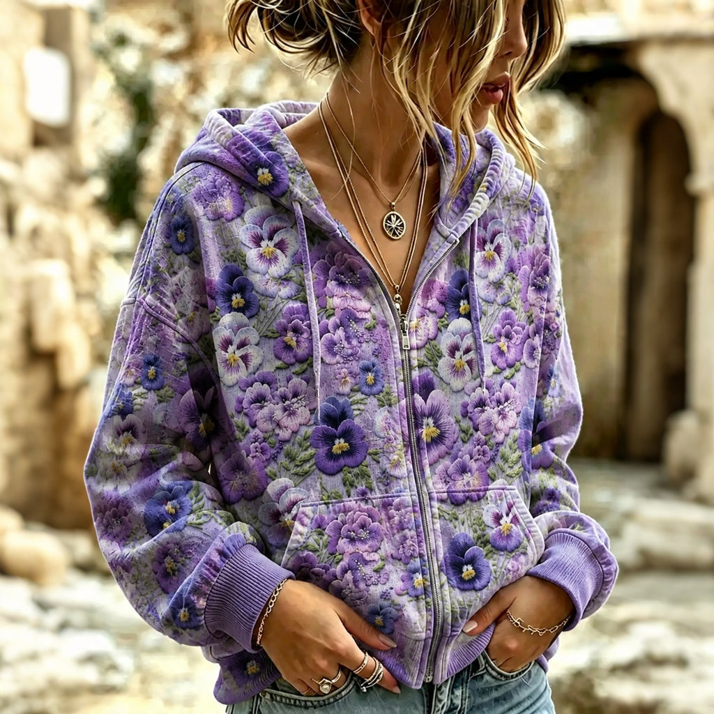 Women's Retro Floral Print Casual Warm Zip-up Hoodie