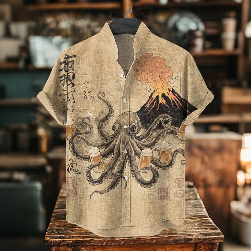 Men's Retro Drunk Octopus Art Print Short Sleeve Shirt