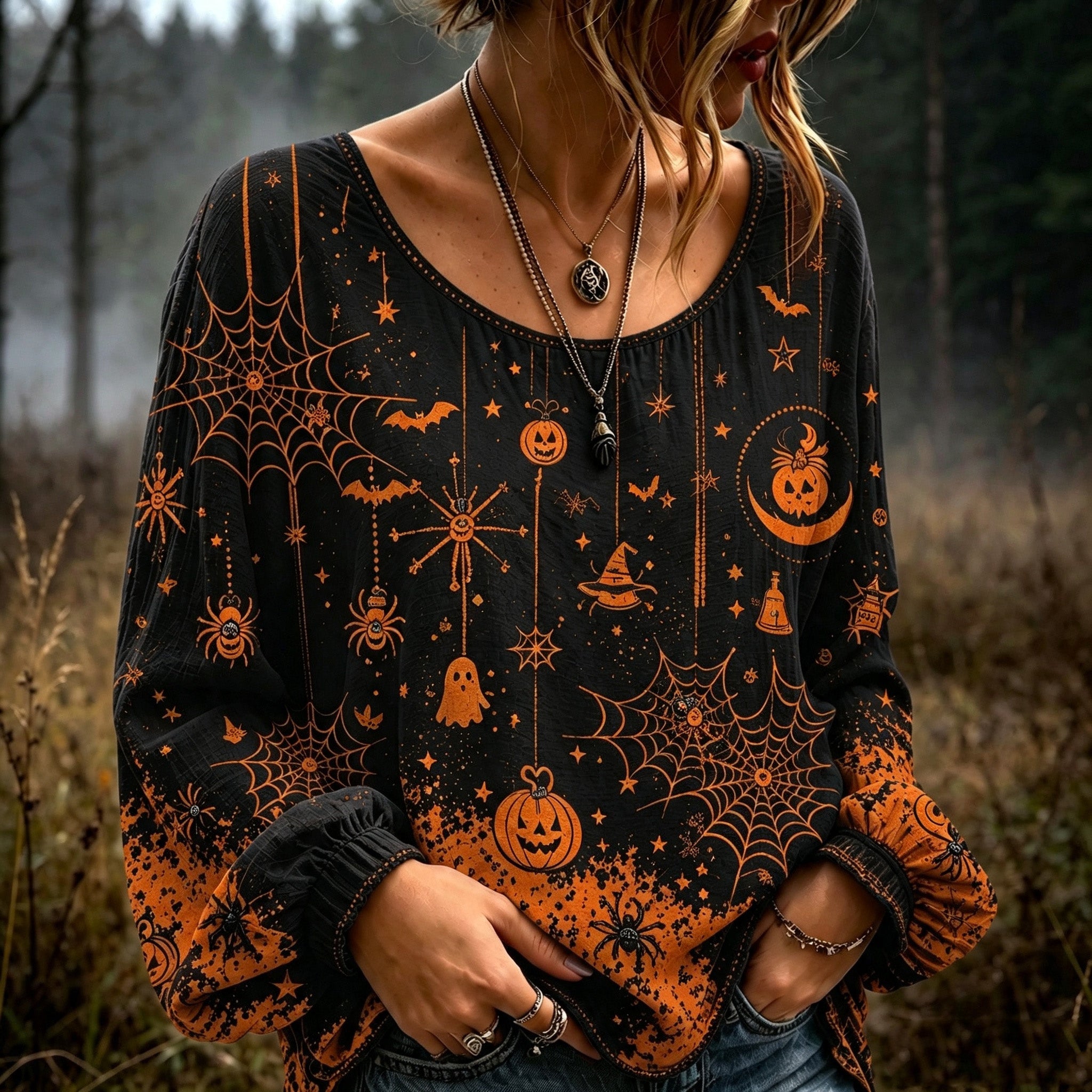 Women's Halloween-themed Spiderweb And Pumpkin Embroidered Print Top
