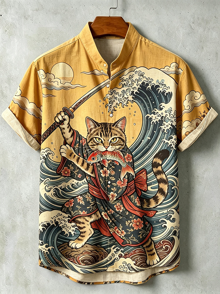 Men's Samurai Wave Print Short-sleeve Cotton Linen Shirt