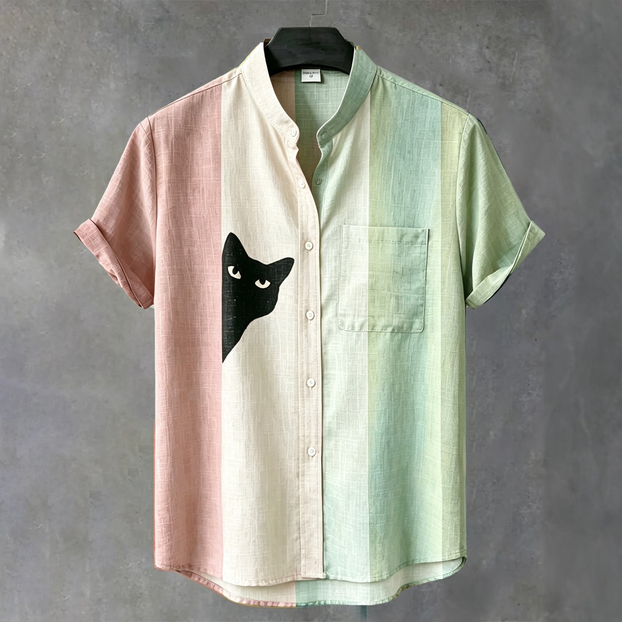 Men's Vintage Black Cat Contrast Stripes Art Short Sleeve Shirt