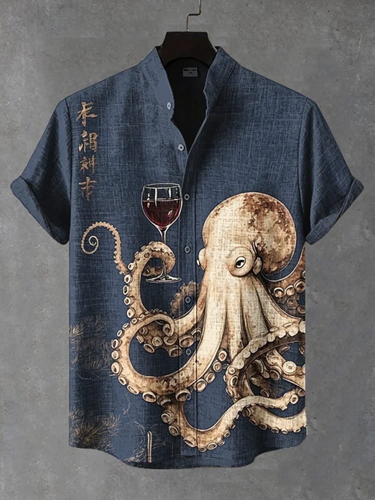 Men's Octopus Drinking Red Wine Art Print Casual Shirt