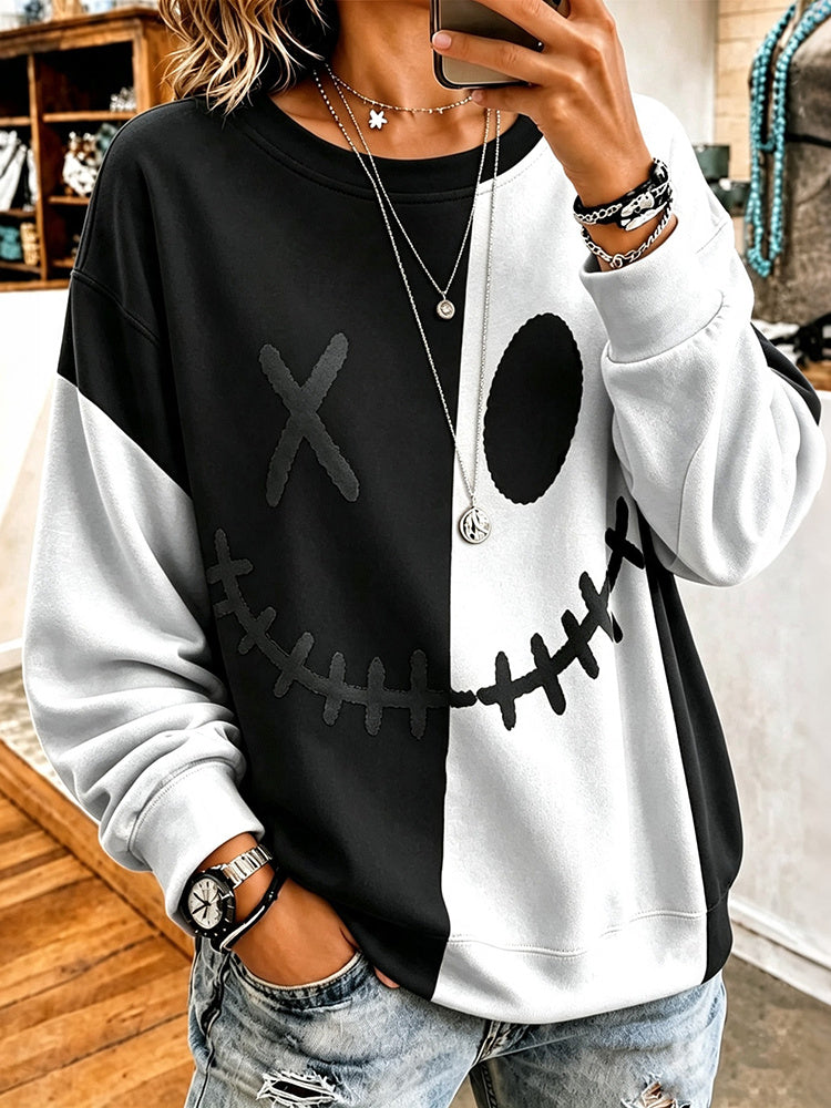 Women's Halloween Ghostly Face Color Blocking Print Casual Sweatshirt