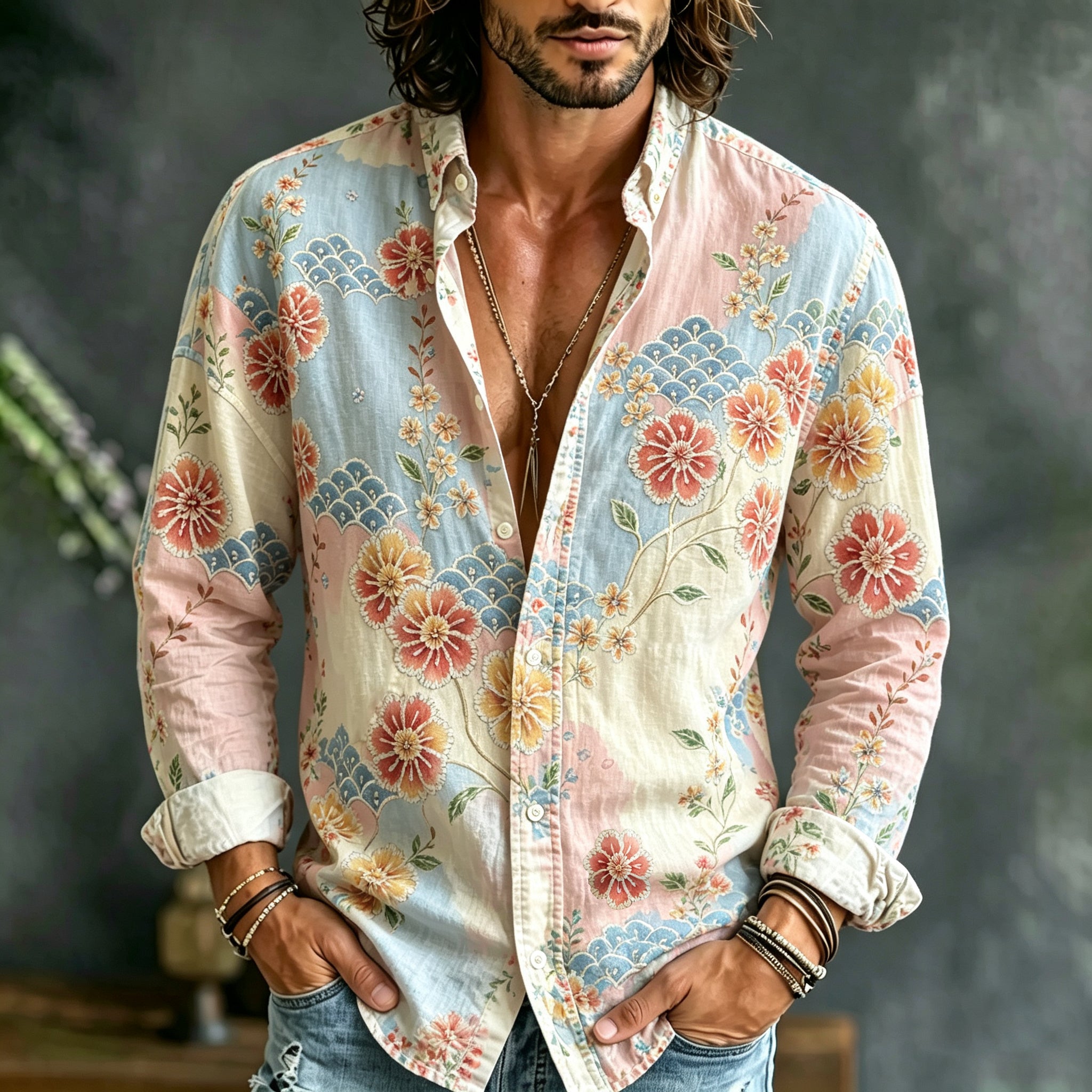 Men's Retro Resort Color Block Floral Print Cotton Linen Long-sleeved Shirt