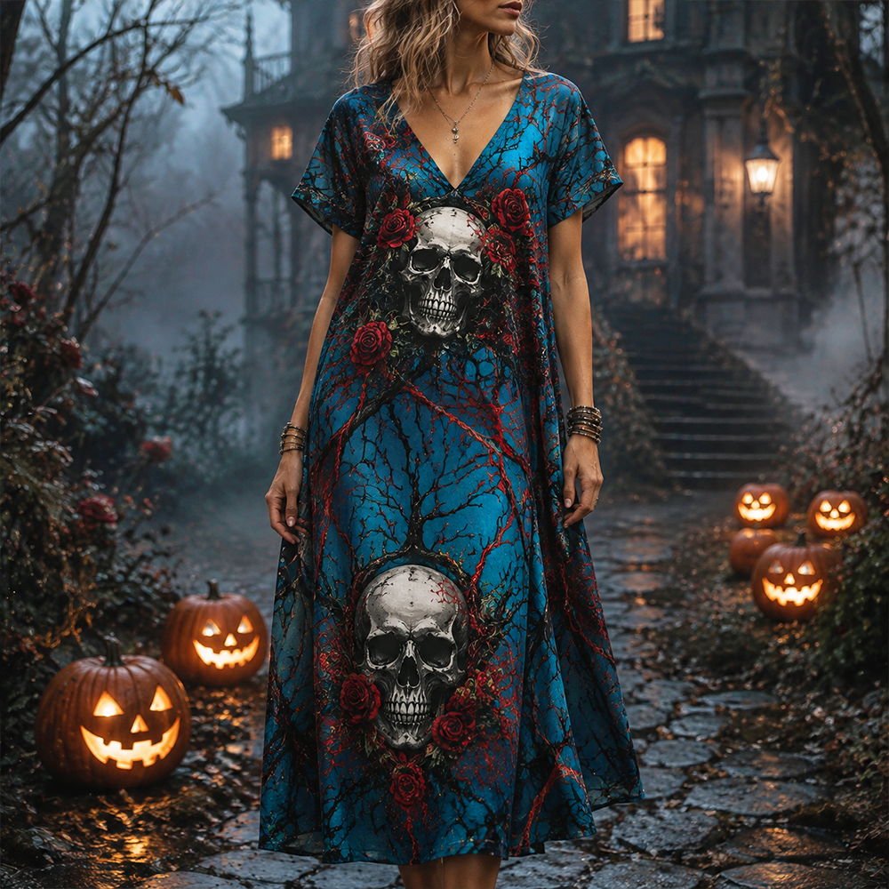 Women's Skull & Rose Print V-neck Maxi Dress - Boho Halloween Style Short Sleeve Dress